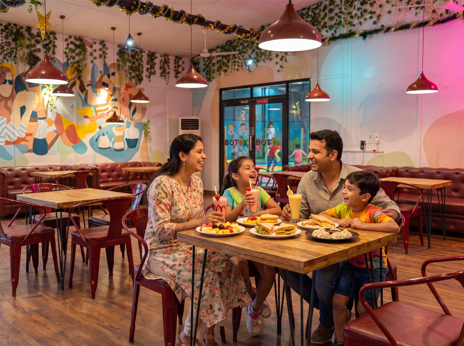 Inside BotCafe, families dining beside the Botfit arena