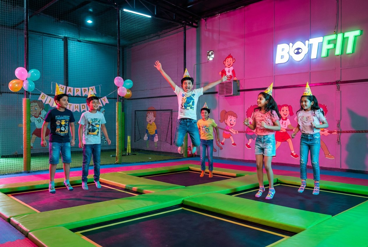 Kids on the trampolines at a Botfit birthday party