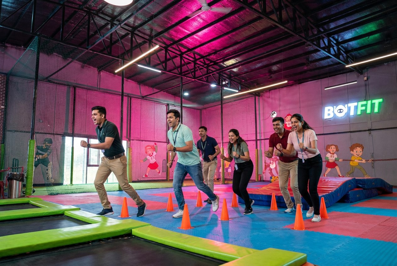 A corporate team running a relay activity at Botfit